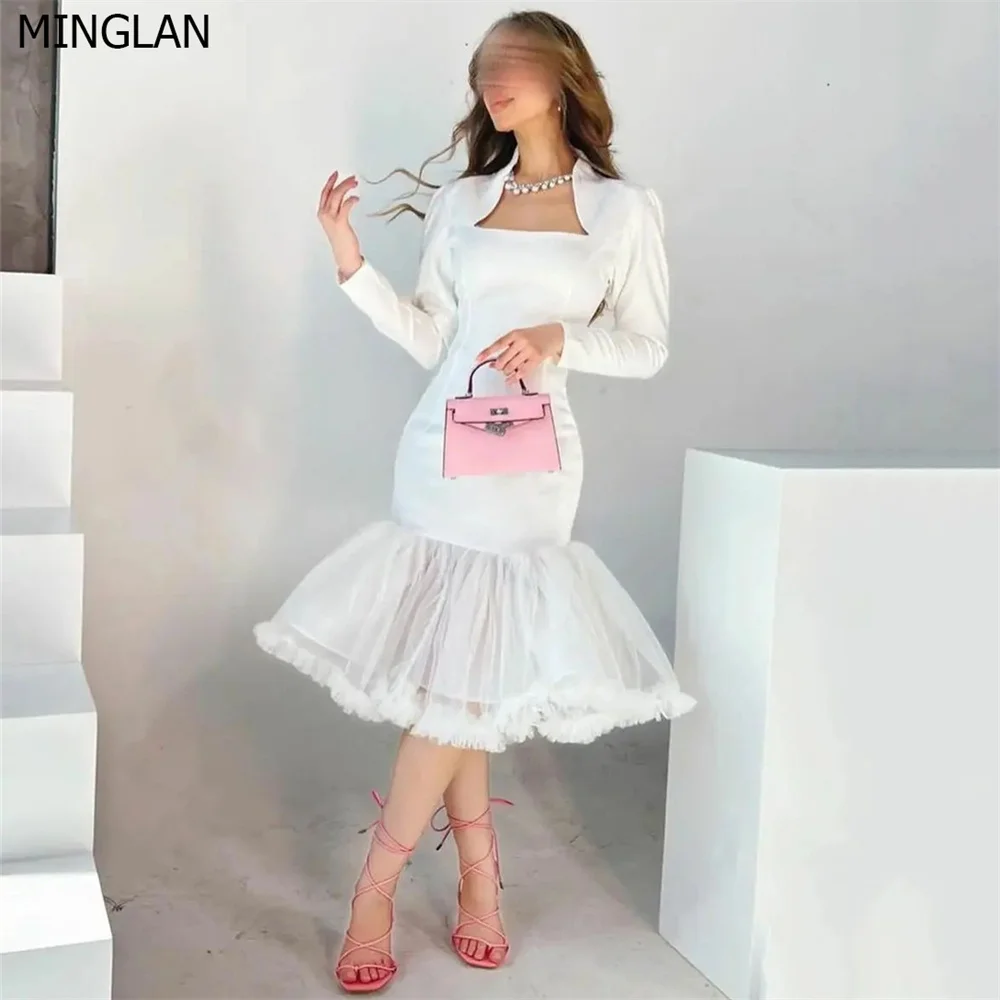 

MINGLAN White Fashion Strapless Full Sleeve Mermaid Short Evening Dress Tea Length Pleat Ruffles Elegant Formal Prom Gown New