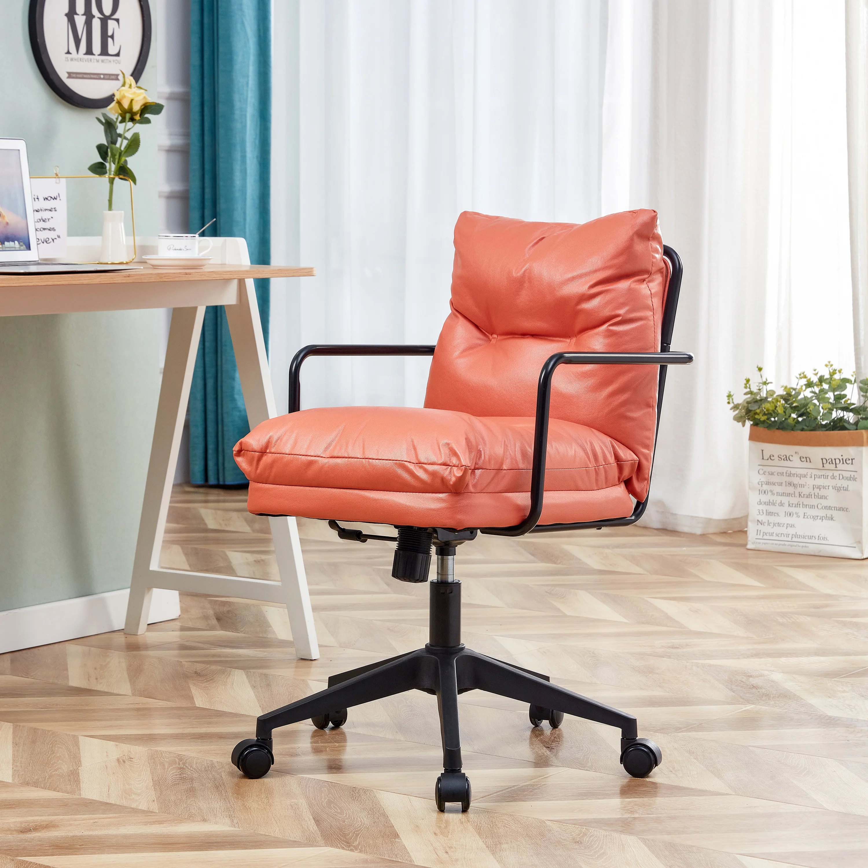 

Office Chair Living Room Bedroom 360 Degree Swivel Roller Upholstered Chair High Elastic Sponge Leather Fabric ComfortableOrange