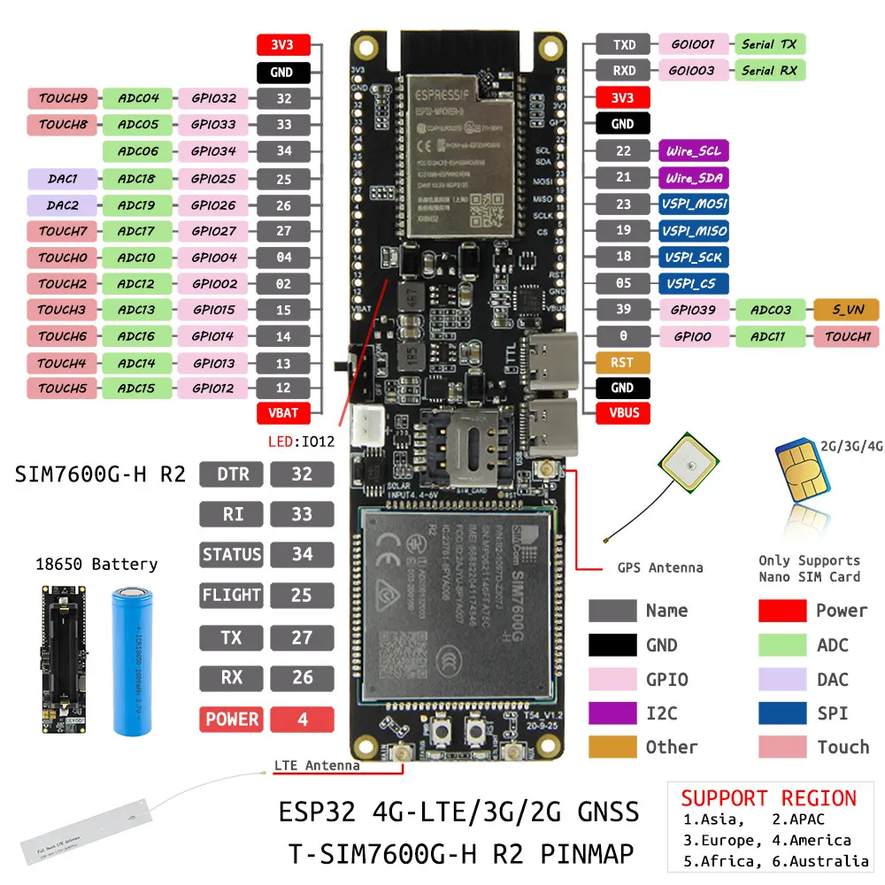 Фото Модуль беспроводной связи LILYGO T-SIM7600E/GSA-H ESP32 с поддержкой SIM-карты, плата для разработки №4