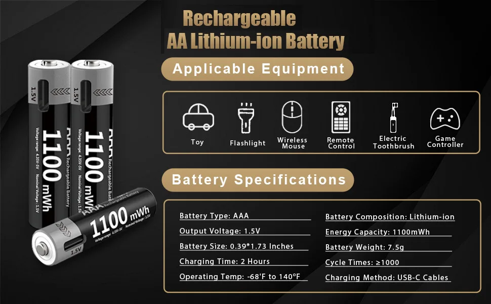 Фото USB-C AAA аккумуляторные батареи 1,5 В 1100 МВтч литиевые батареи постоянного напряжения с зарядным кабелем для игрушек с пультом дистанционного управления №2