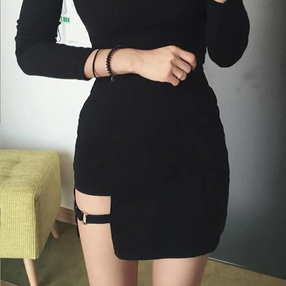 

Klv women's upper-waisted skirt with bandage, sexy, irregular, high waist, black, gothic, mini , short skirt, slim,