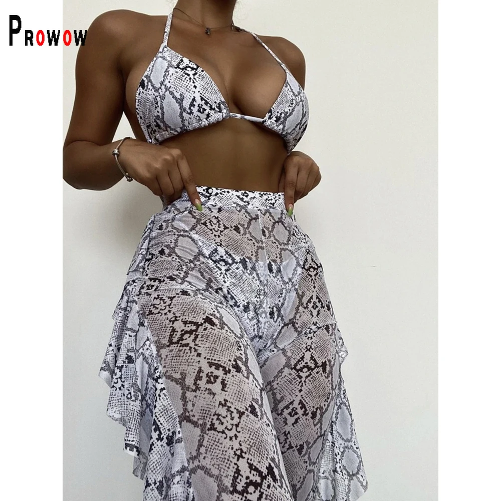 

Prowow Serpentine Print Women Beach Outfits Separated Bikinis Set Mesh Pant Three Piece Bathing Swimming Suits Summer Swimwears