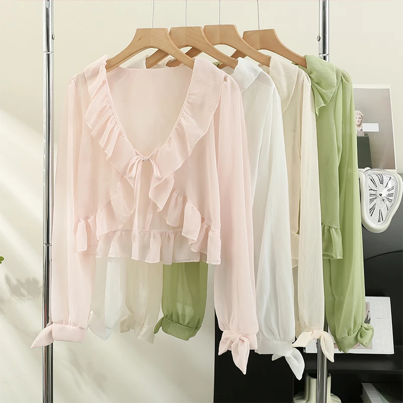 

Hikigawa Chic Fashion Women French Sweet Ruffled Lace-Up Suncreen Shirts Summer Solid Outerwear Shawl Smock Blouse Tops Mujer