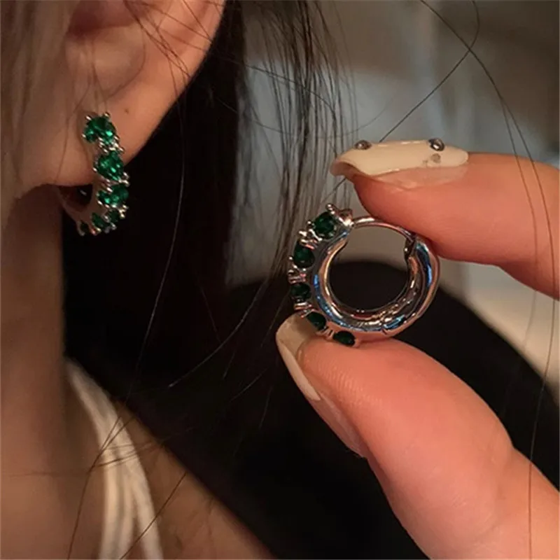 Vintage Silver Color Green Zircon Hoop Earring For Women Girls Party Wedding Jewelry Gift e538