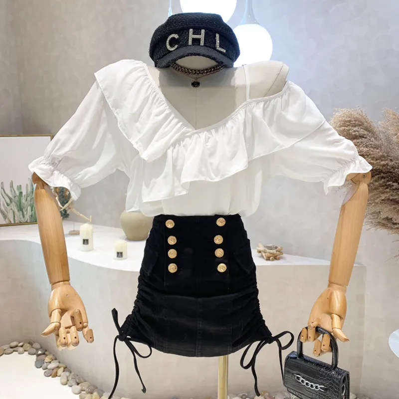 

Niche Design New Women 2022 Summer Pullover Diagonal Collar Off Shoulder Sling Ruffled Short Sleeved Shirt Top Blusa Feminina