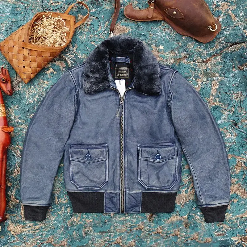 Мужское винтажное пальто из натуральной воловьей кожи с шерстяным воротником