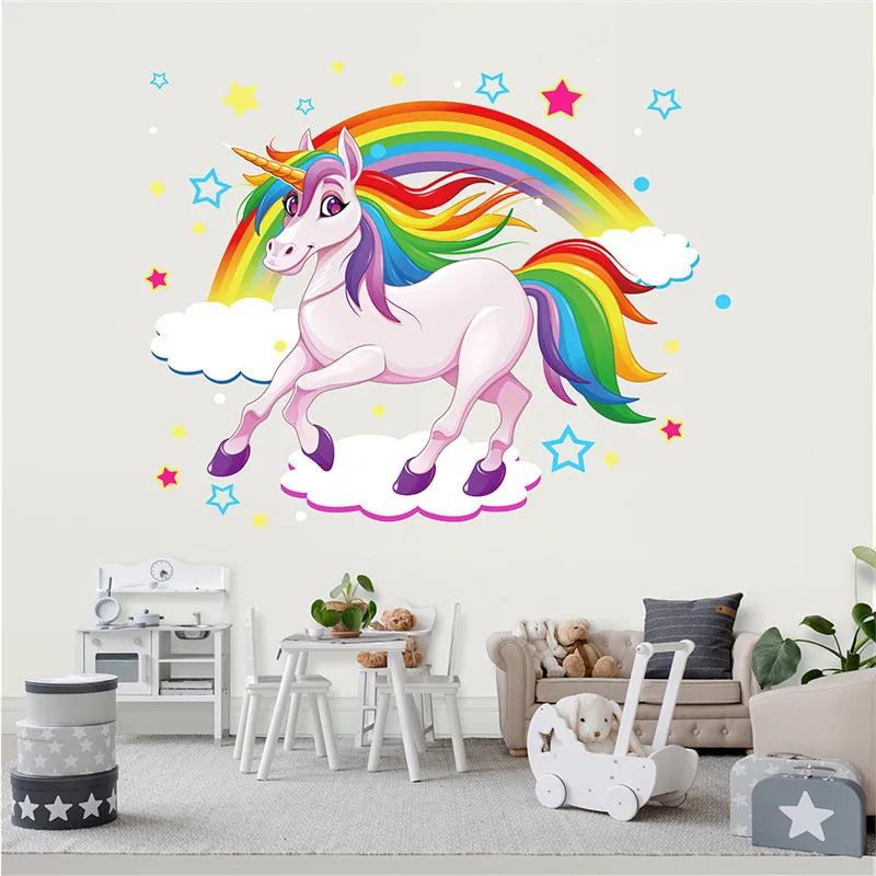 Rainbow & Unicorn Running On Clouds Wall stickers Room Decoration Art Vinyls Decals Children Kids Living Bedroom Home Mural | Дом и сад