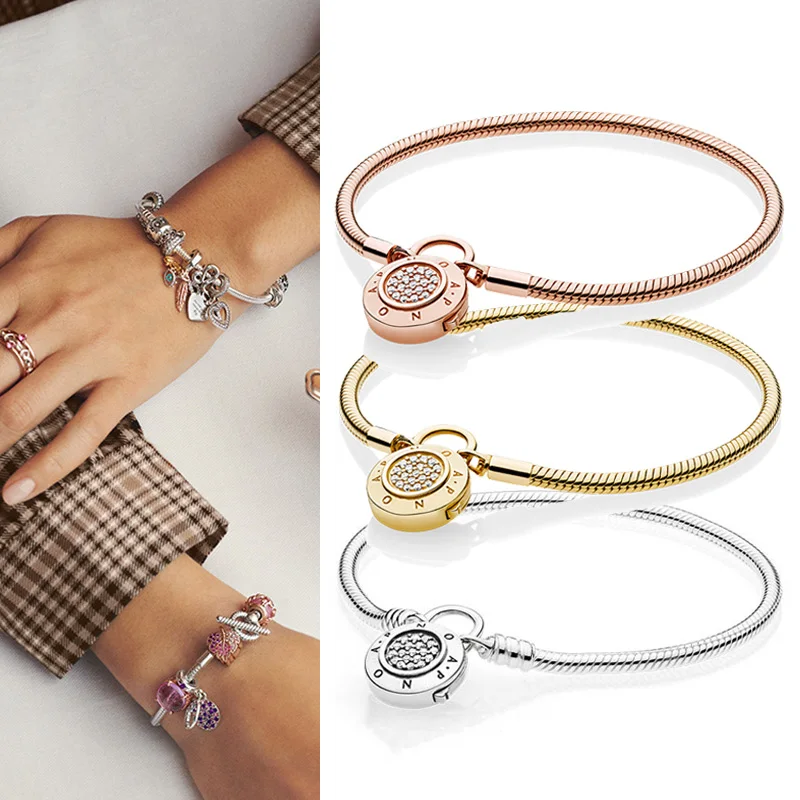 

100% 925 брелок Silver Pan Bracelet Round With Crystal Lock Chain Pan Bracelet Fit European Charm Bracelets Women Jewelry