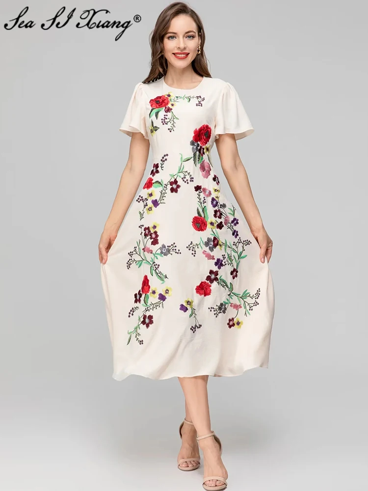 

Seasixiang Fashion Designer Spring Summer Women Dress O-Neck Flare Sleeve Flower Embroidery Vintage Party Mermaid Dresses