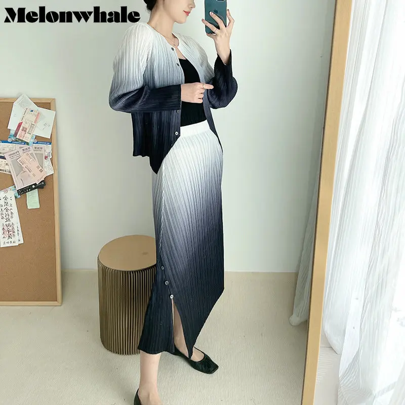 

MelonWhale Gradient Pleated Two Piece Sets for Women Blouse Skirt Round Collar Long Sleeve Top Elastic Waist Female Elegant 2023