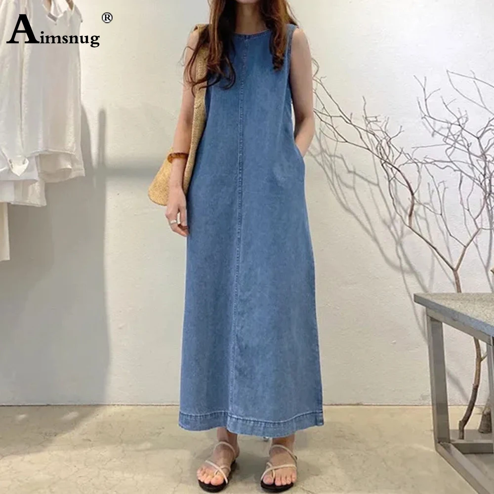 

Women Sleeveless Casual Long Maxi Demin Dress Large Big 5XL Womens High Split Pocket Party Dresses Female Straight Jean Dress