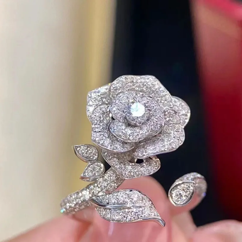 

New Luxury Flower Shiny AAA Zircon Ring Female Adjustable Size Wedding Ball Jewelry Festival Gift