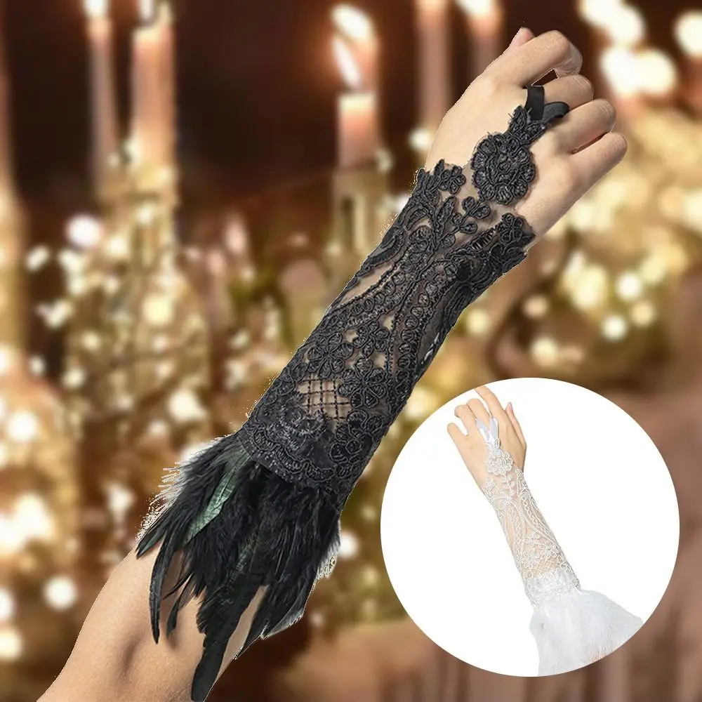 

1pc Feather Gloves Steampunk Wristcuffs Gothic Cuffs Wrist Cuffs Natural Dyed Rooster Feather Wristband Stage Performance