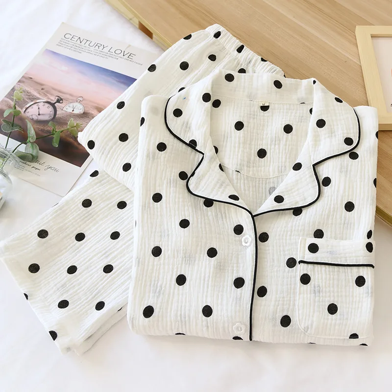 Spring Summer Crepe Cotton Women Pajama Set 2 Pieces Set Sleepwear For Lady Double Layer Soft Pyjamas Homewear Nightwear set