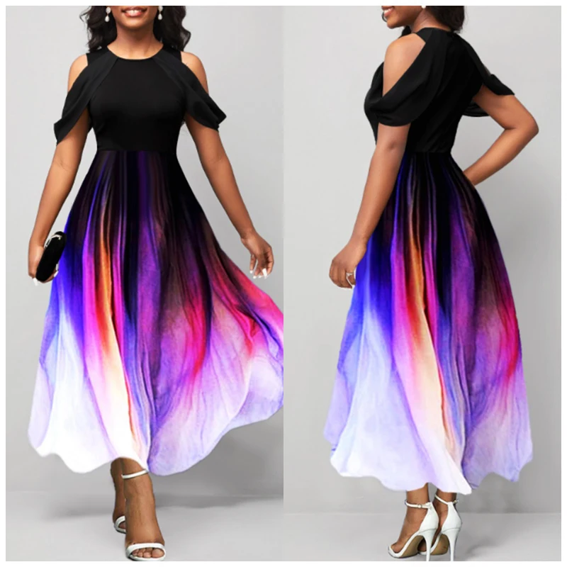 

Women Gradient Off The Shoulder O-Neck Summer A-Line Long Dress Smocked Elegant Fashion Temperament Slim Vacation Dress 2023