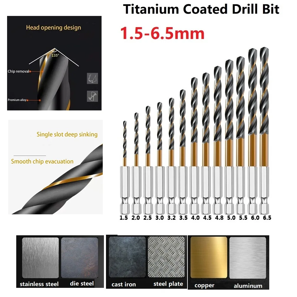 

1PC HSS High Speed Steel Titanium Coated Drill Bit Set 1/4 Hex Shank 1.5-6.5mm Cordless Screwdrivers For Metal Drilling Power