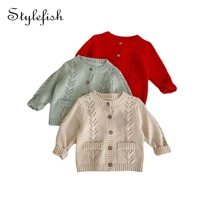 ins2022 autumn new baby pure color sweater cardigan childrens knitted cotton yarn baby coat baby girl sweaters knit