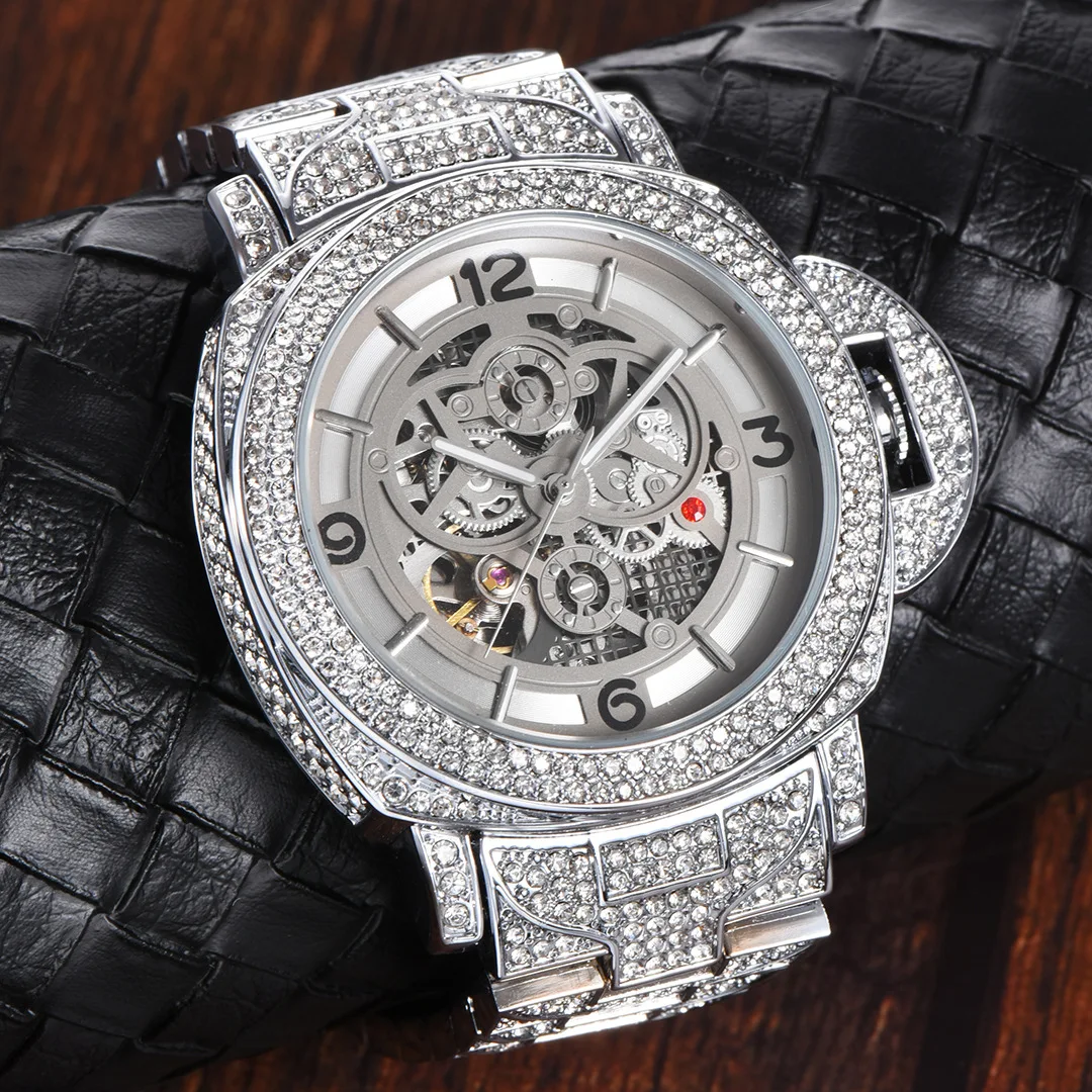 Hip Hop Brand MISSFOX Hollow Out Automatic Mechanical Men Watch Iced Out Diamond Fashion Wristwatch Luxury Waterproof Clock Gift