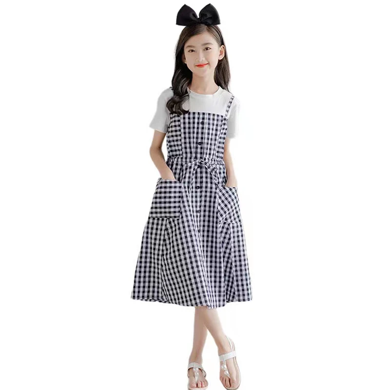 

Girls Summer Dress 2023 New 100% Cotton Teenager Short Sleeve Top Sling Plaid Skirt Kids Knitted Panel Clothing 6 8 10 12 14 16