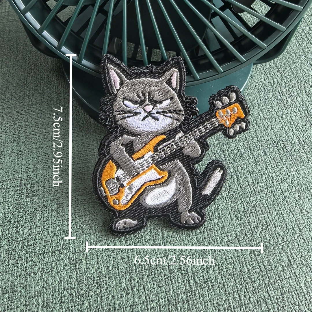 Фото Нашивки Rebel Rock Cat с вышивкой на одежде, кошка с гитарой, нашивка с животным, тактический значок боевика на крючках и петлях для рюкзака, куртки №3