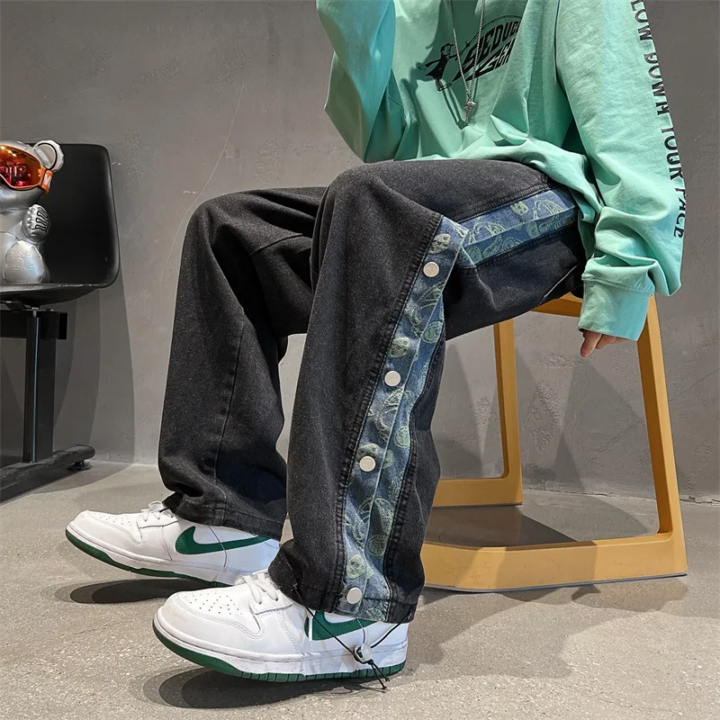 Harajuku Style Wide Leg Jeans Men's Ins Fashion Brand Spring Retro Draping Straight Button Pants Loose Daddy Pants