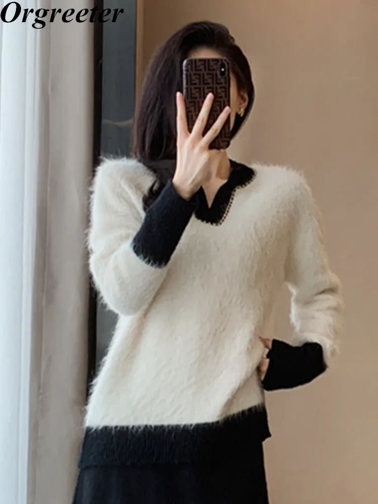 

Women Sweater Mohair Winter Thick Warm Pullover Sweater V Neck Chain Deco Casual Loose Female Jumper Knitted Pull Femme