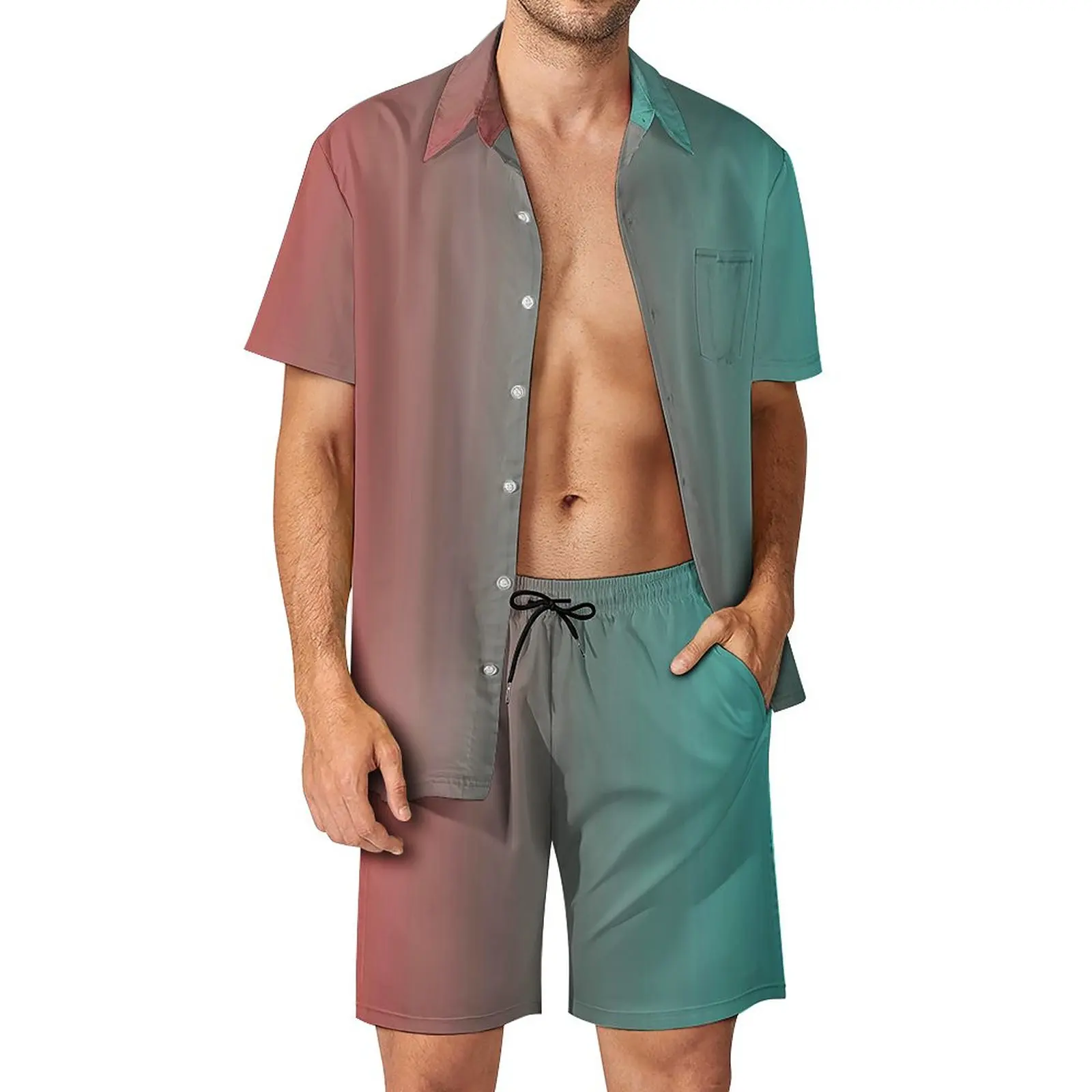 

Two Tone Art Vacation Men Sets Red And Blue Casual Shirt Set Summer Design Shorts Two-piece Retro Suit Plus Size