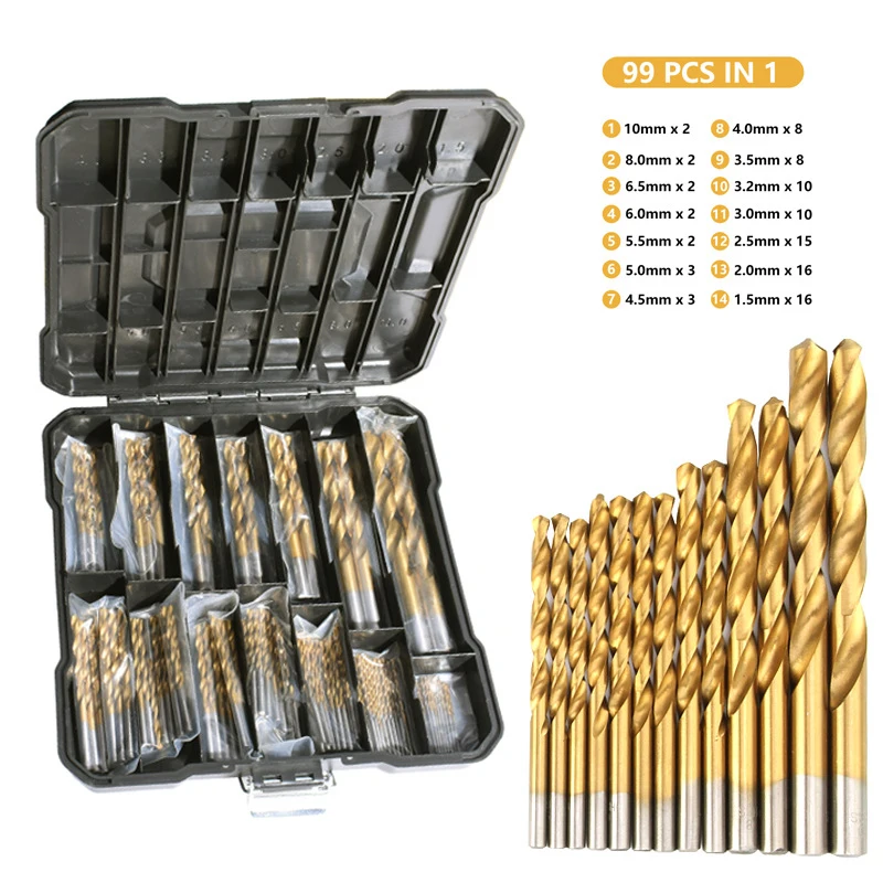 

99Pcs Titanium Drill Bit Set High-Speed Steel Drill Bits for Steel Plate Wood Plastic Metal Copper Alloy Woodworking Hole Opener