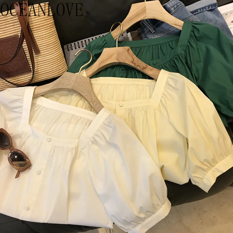 

Square Neck Women Shirts Pu Sleeve Solid Korean ashion Sweet Blouses Spring Summer Vintage Blusas eminina