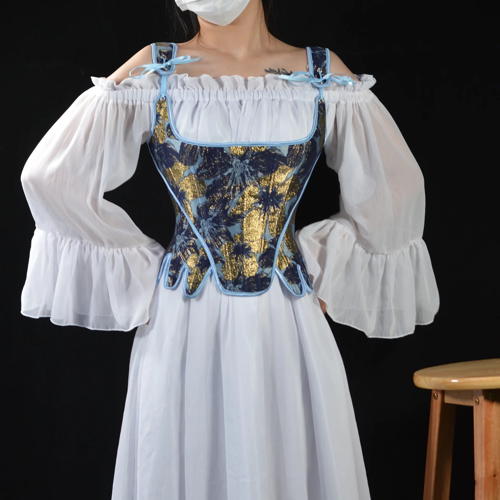 

French Court Corset with Golden Contrast and A Corset Top on The Back Strap Bustier Top