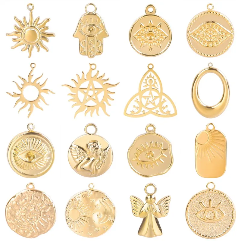 

10pcs 18K Real Gold Plated Stainless Steel Charms For Jewelry Making Supplies Angel/Greek Eye Pendants Charm Sun Star Materials