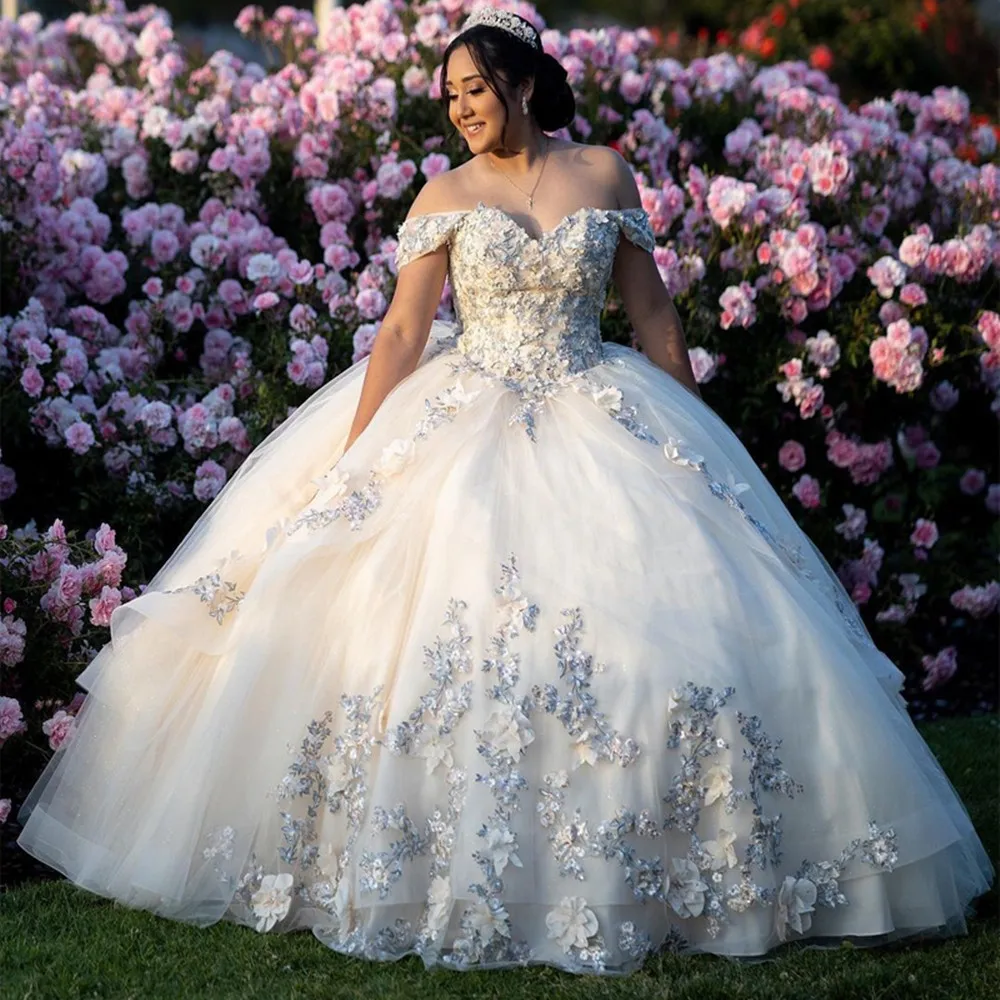 

Ivory 3D Flowers Off The Shoulder Quinceanera Dress Ball Gown Glitter Crystal Corset Sweet 15 Vestidos Masquerade Party Gowns