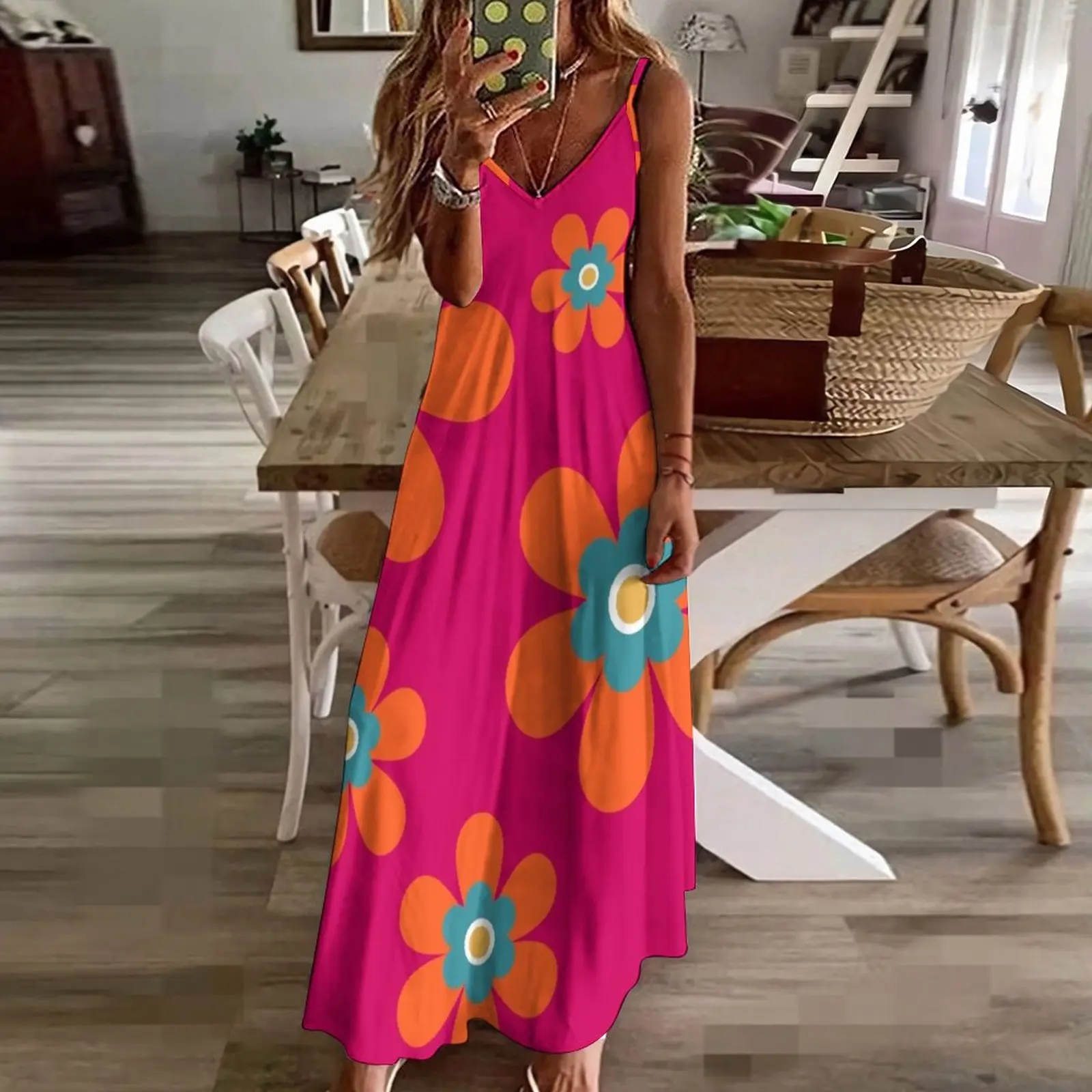 Милый красочный Осенний цветок в стиле ретро 70-х яркий оранжевый и ярко-розовый