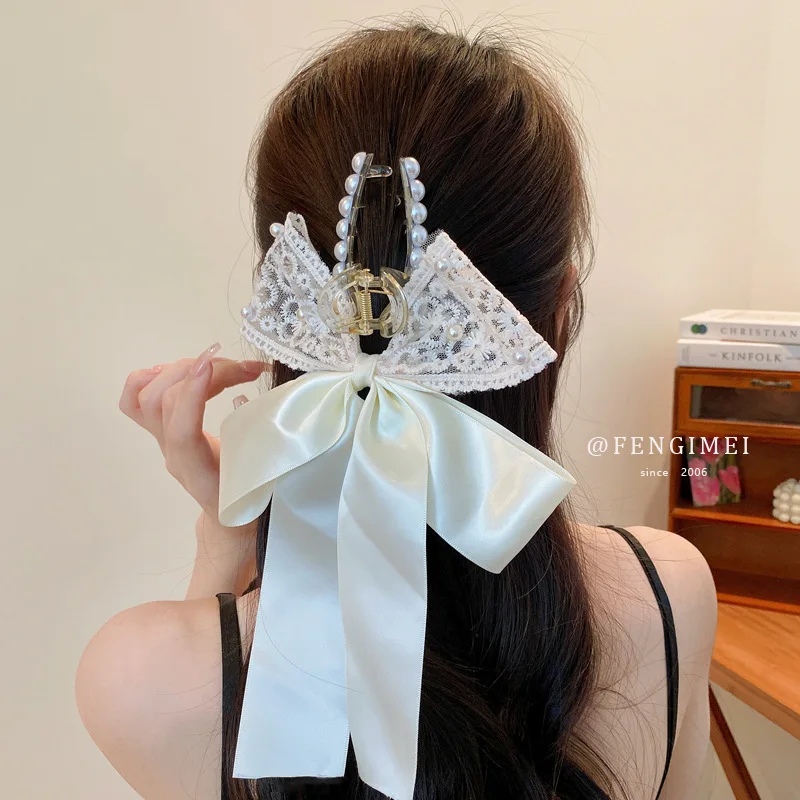 

Japanese And Korean Style Bowknot Pearl Lace Grip Clip, Fashionable Temperament, Back Of The Head, Curling Hair, Shark Clip, Vin