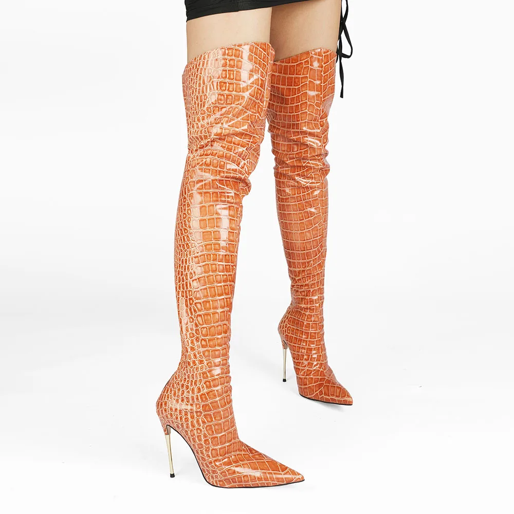 

Knee-high boots sexy color stone grain zipper super stilettos big European yards after knee-high rubber boots