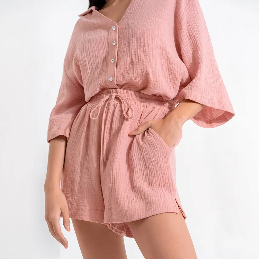 Loose Women's Nightwear 2 Piece Sets Pink Three Quarter Sleeve Sleepwear Female Suits With Shorts Cotton Spring Pajamas 2023