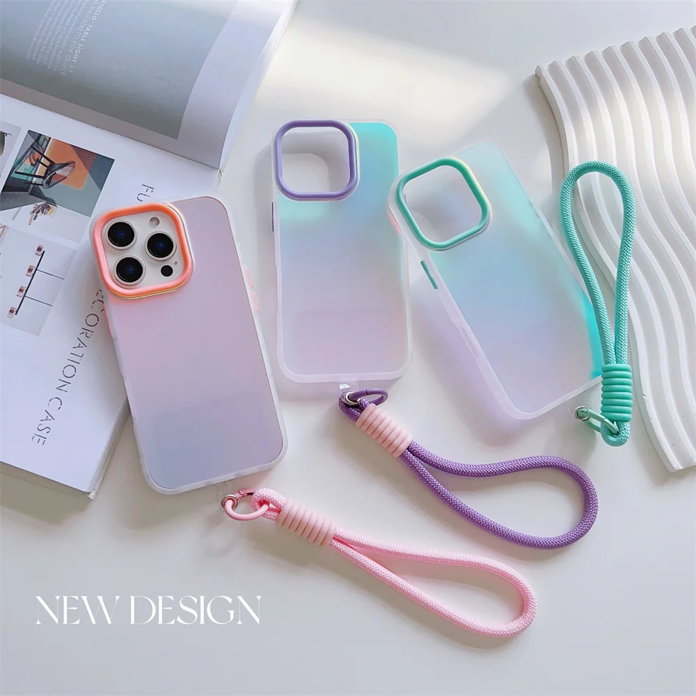 Luxury Wrist Strap Lanyard Aurora Gradient Matte Case for iPhone 16 12 11 15 14 13 Pro Max Plus Laser Shockproof Slim Cover