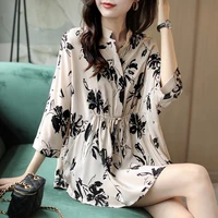 korean fashion shirring chiffon floral blouse woman 2022 autumn new half open collar batwing sleeve lace up loose oversize shirt