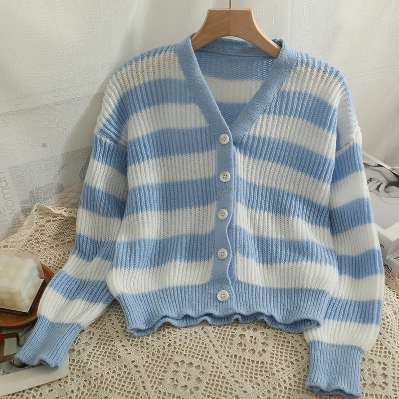 

WDMSNA Loose Single-breasted Summer Cardigan 2022 New Striped Slim Sweater Women Korean V-neck Long Sleeve Thin Knitted Top