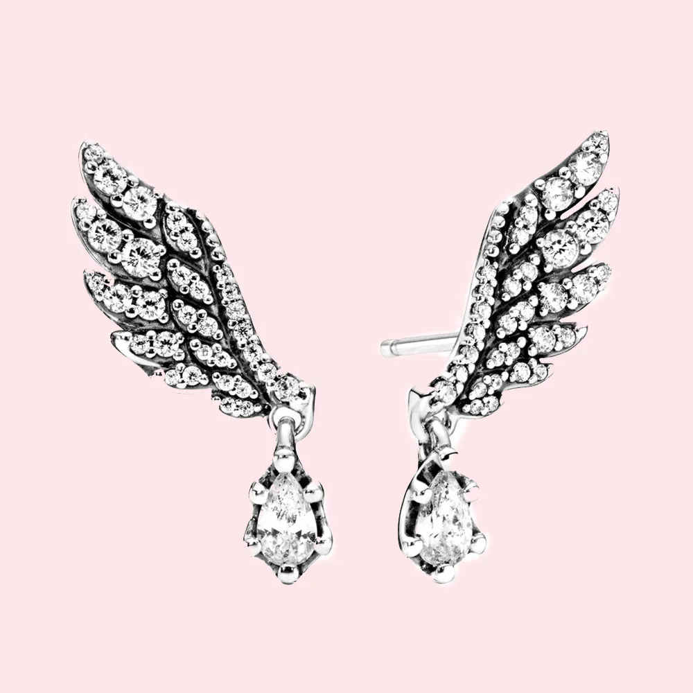 

925 Sterling Silver Sparkling Angel Wings Stud Earrings fit Original Pandora Fine Jewelry for Women Daily Gift