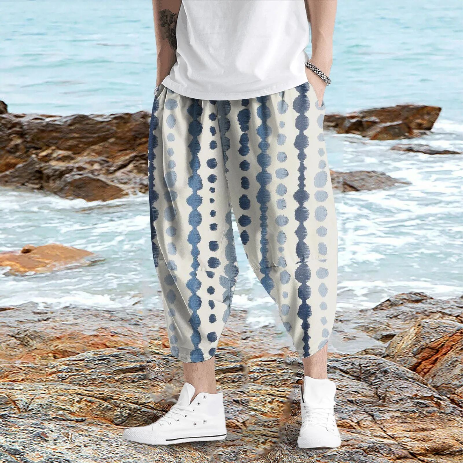 

2023 Summr Men Vintage Style Tie-Dye Harem Pants Men Streetwear Breathable Beach Pants Male Casual Calf-Lenght Trousers Capris