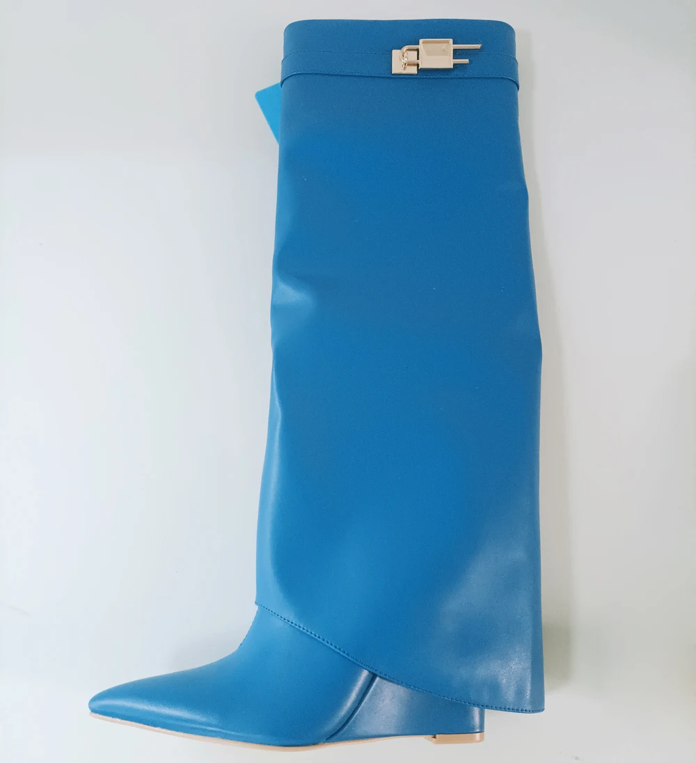 Black Fold Knee Women High Heel Boots Shark Lock Decor Women Wedge Heel Boots Pointed Toe Big Size Long Boots Mujer Chaussures