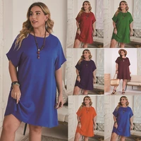 womens dress summer fashion solid color pullover short batwing sleeve dress womens casual loose round neck dress