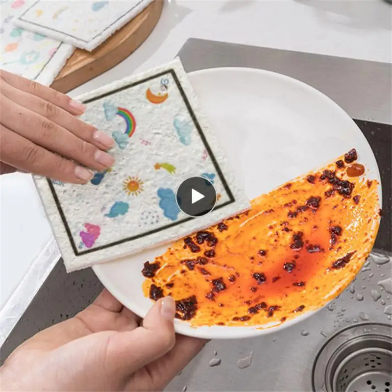 

Wood Pulp Fiber Absorbent Dishcloth Scouring Pad Cleaning Cloth Lint-free Creative Dishwashing Cloth Household Cleaning Tools