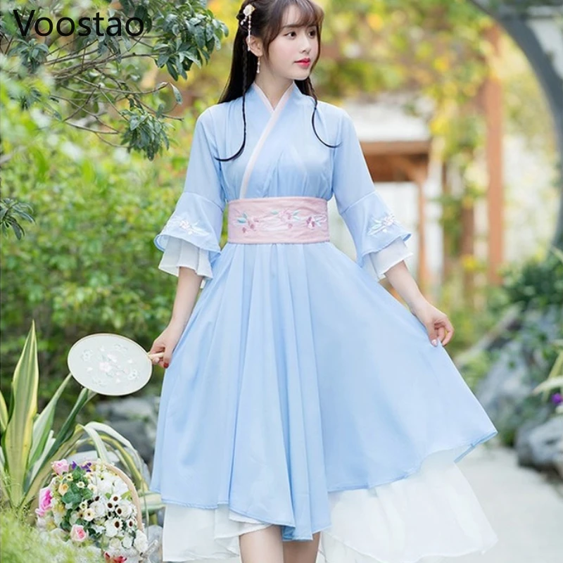 Женское шифоновое платье Hanfu элегантное винтажное в китайском стиле с цветочной