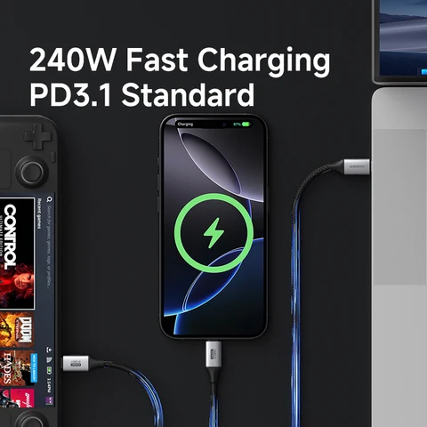 Кабель Hagibis USB C — USB C, зарядное устройство USB Type C, шнур 240 Вт PD3.1, короткая зарядка для iPhone 15/16/17 Pro, ноутбуков, планшетов, автомобилей