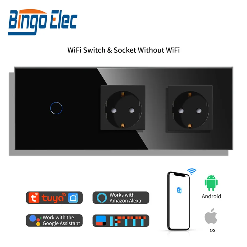 Настенный сенсорный выключатель Bingoelec с Wi-Fi и двумя стандартными евророзетками, выключатели света на 1/2/3 клавиши, работают с Alexa Tuya Google Home