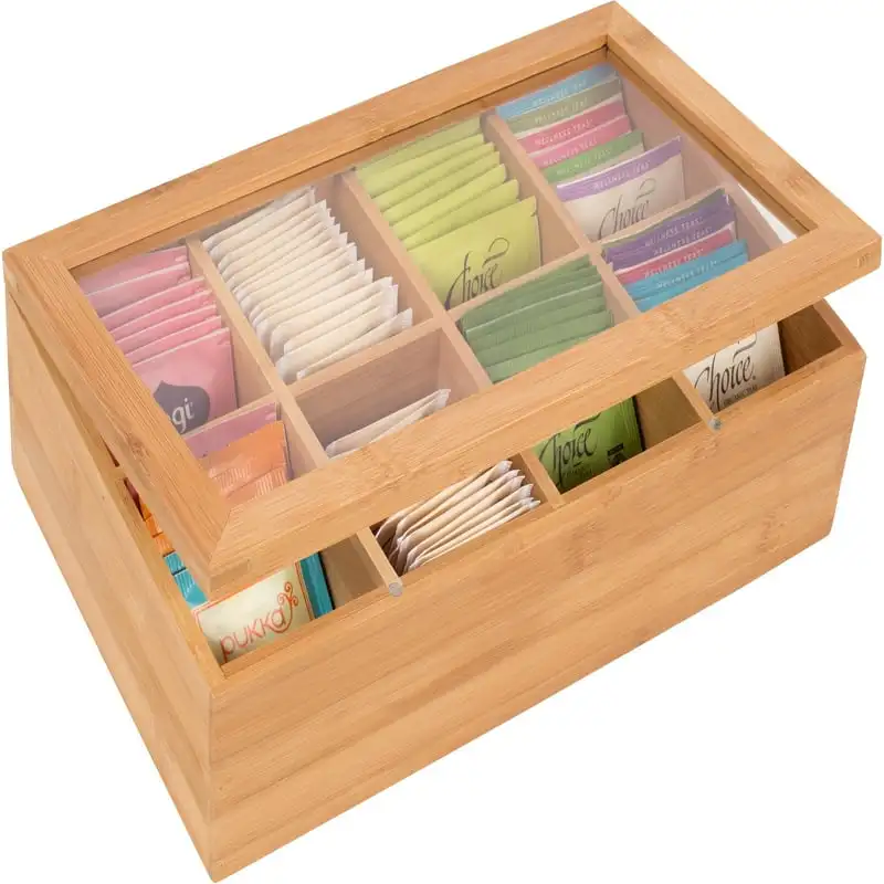 

12" Bamboo 8-Section Tea Storage Box with Hinged Clear Lid for All Ages