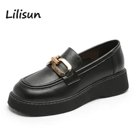 genuine leather loafers shoes women fashion platform casual slip on flats ladies round toe black oxfords zapatos de verano mujer