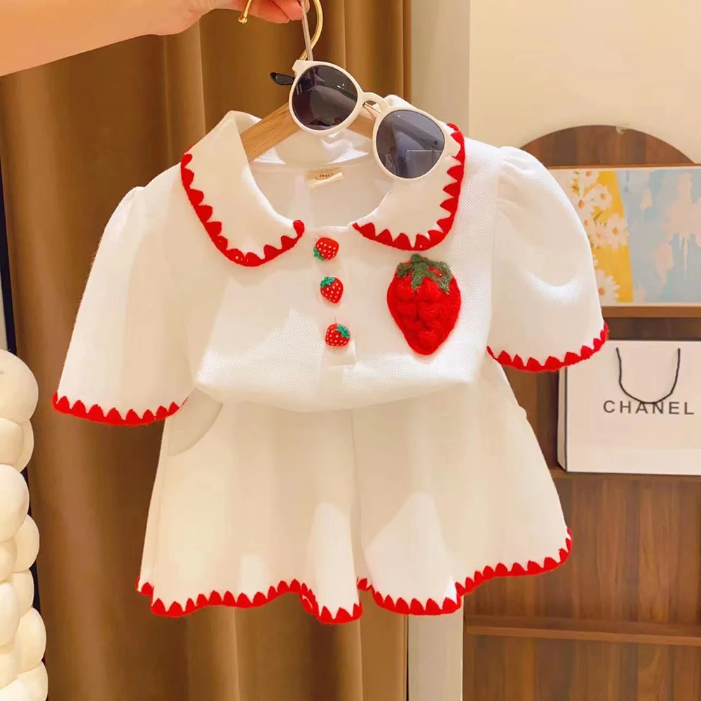 

Girls' Strawberry Short Sleeve T-shirt Set Casual Loose Shorts 2Pcs 2023 Summer New Baby Kids Clothing Outfit 2-7Years Old